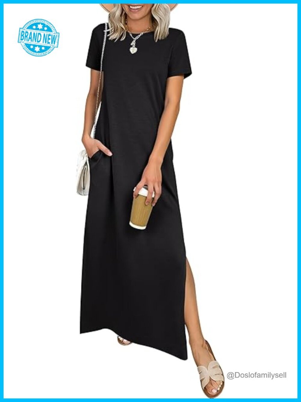 Womens Summer Casual Maxi Dress Short Sleeve Crewneck Split Wrinkle-Free Travel